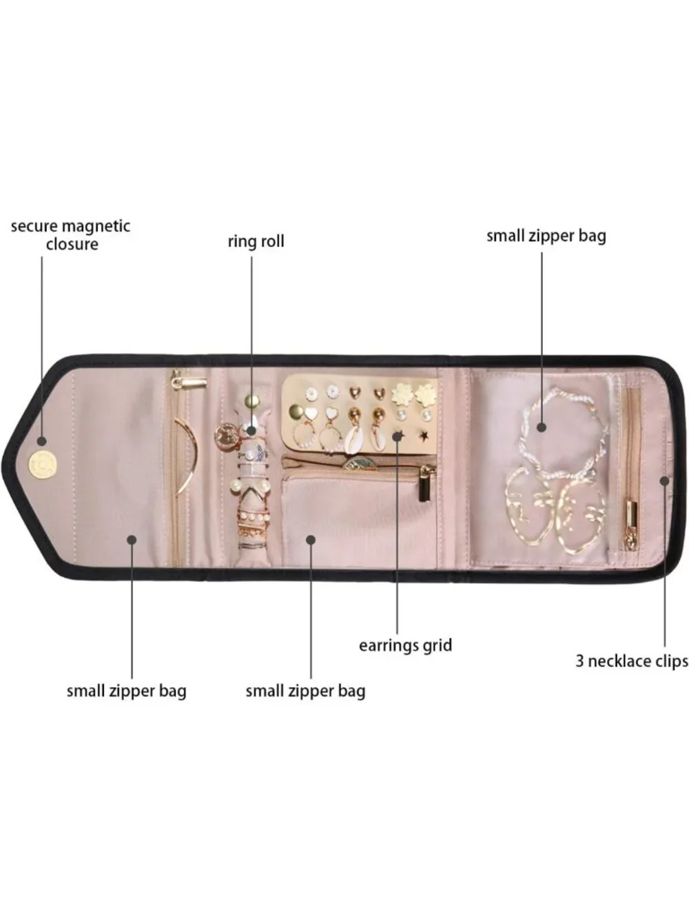 Foldable Travel Jewelry Organizer Case, Mini Black Roll for Accessories & Travel
